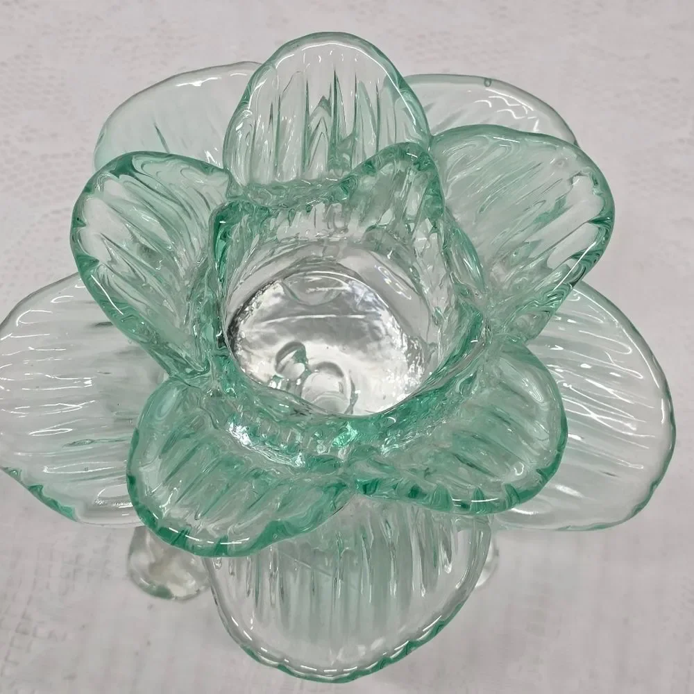 Vintage Teal Recycled Glass Footed Lotus Flower Candle Holder Art Deco Boho